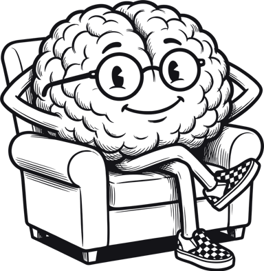 Brain mascot relaxing in an armchair